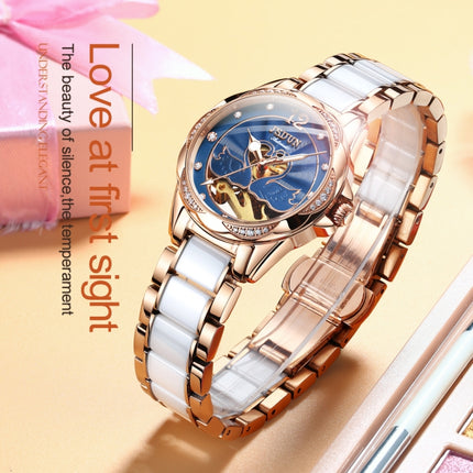 JIN SHI DUN 8831 Women Fashion Diamond Hollowed Waterproof Ceramic Mechanical Watch