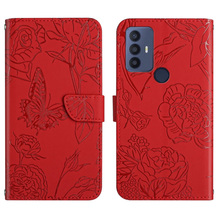 Skin Feel Butterfly Peony Embossed Leather Phone Case, For TCL 30 SE, For T-Mobile Revvl V+ 5G