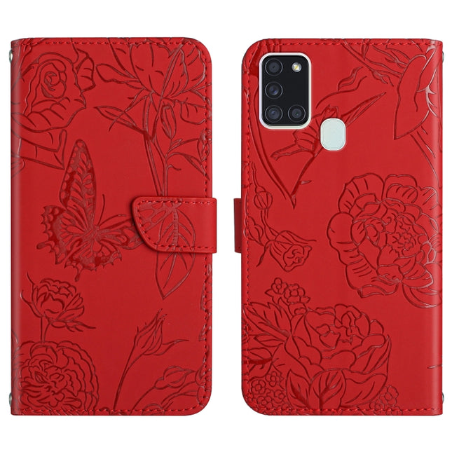 Skin Feel Butterfly Peony Embossed Leather Phone Case, For Samsung Galaxy A21s, For Samsung Galaxy A22 4G, For Samsung Galaxy A22 5G, For Samsung Galaxy A23 4G