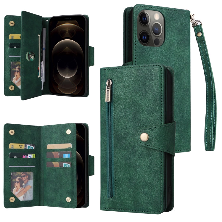 Dreifach gefaltete Leder-Telefonhülle mit Nietenschnalle und 9 Karten, für iPhone 12 Pro Max, für iPhone 13 Mini, für iPhone X/XS, für iPhone XR, für iPhone XS Max, für iPhone 11 Pro Max