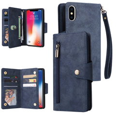 Rivet Buckle 9 Cards Three Fold Leather Phone Case, For iPhone 12 Pro Max, For iPhone 13 mini, For iPhone X/XS, For iPhone XR, For iPhone XS Max, For iPhone 11 Pro Max