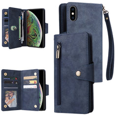 Rivet Buckle 9 Cards Three Fold Leather Phone Case, For iPhone 12 Pro Max, For iPhone 13 mini, For iPhone X/XS, For iPhone XR, For iPhone XS Max, For iPhone 11 Pro Max