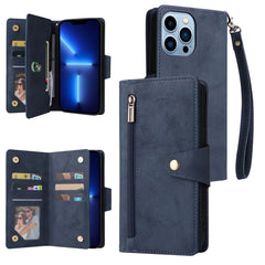 Rivet Buckle 9 Cards Three Fold Leather Phone Case, For iPhone 13 Pro, For iPhone 13 Pro Max