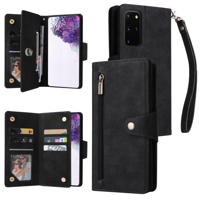 Rivet Buckle 9 Cards Three Fold Leather Phone Case, For Samsung Galaxy S20+, For Samsung Galaxy S21 5G, For Samsung Galaxy S21 FE 5G, For Samsung Galaxy S21+