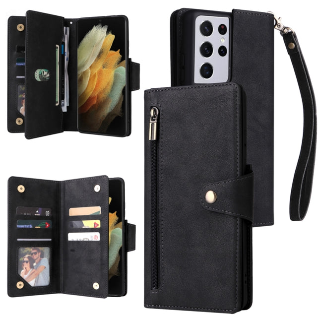 Rivet Buckle 9 Cards Three Fold Leather Phone Case, For Samsung Galaxy S21 Ultra 5G, For Samsung Galaxy S22, For Samsung Galaxy S22+, For Samsung Galaxy S22 Ultra 5G