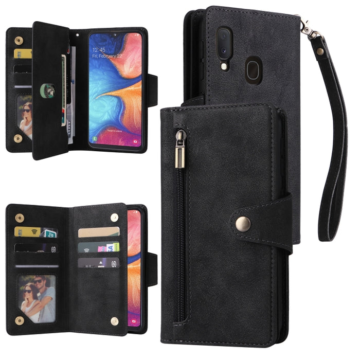 Rivet Buckle 9 Cards Three Fold Leather Phone Case, For Samsung Galaxy A20E, For Samsung Galaxy A20S, For Samsung Galaxy A21 EU Version, For Samsung Galaxy A21S