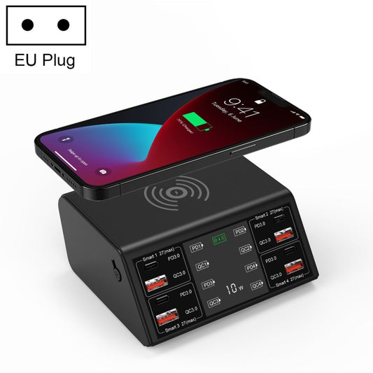 838 W 9 in 1 100 W 4 PD 3.0 USB-C/Typ C + 4 QC 3.0 USB-Anschlüsse Smart Digital Display Kabelloses Ladegerät, EU-Stecker, US-Stecker, UK-Stecker, AU-Stecker