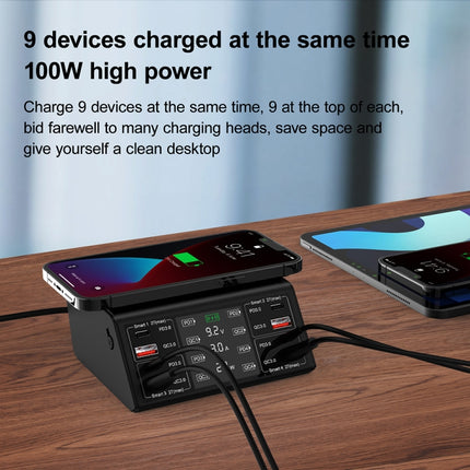 Cargador inalámbrico con pantalla digital inteligente, 838 W, 9 en 1, 100 W, 4 puertos USB-C/Tipo-C PD 3.0 + 4 puertos USB QC 3.0, enchufe UE, enchufe EE. UU., enchufe Reino Unido, enchufe AU