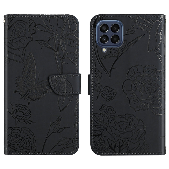 Skin Feel Butterfly Peony Embossed Leather Phone Case, For Samsung Galaxy M53, For Sharp Aquos R7, For Xiaomi Poco F4 GT