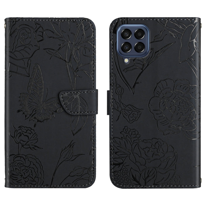 Skin Feel Butterfly Peony Embossed Leather Phone Case, For Samsung Galaxy M53, For Sharp Aquos R7, For Xiaomi Poco F4 GT