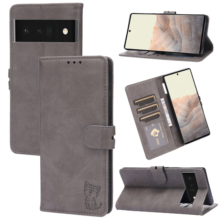 Embossed Happy Cat Pattern Leather Phone Case, For Google Pixel 6a, For Google Pixel 7 5G, For Google Pixel 7 Pro 5G, For Xiaomi Redmi 10A
