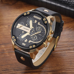 CAGARNY 6820 Round Large Dial Leather Band Quartz Dual Movement Watch For Men