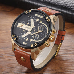 CAGARNY 6820 Round Large Dial Leather Band Quartz Dual Movement Watch For Men