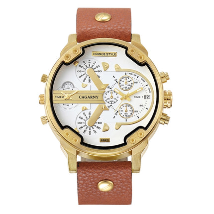CAGARNY 6820 Round Large Dial Leather Band Quartz Dual Movement Watch For Men