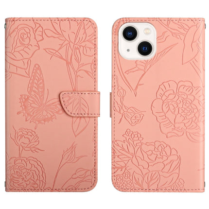 Skin Feel Butterfly Peony Embossed Leather Phone Case, For iPhone 14, For iPhone 14 Plus, For iPhone 14 Pro, For iPhone 14 Pro Max