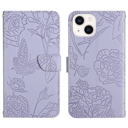 Skin Feel Butterfly Peony Embossed Leather Phone Case, For iPhone 14, For iPhone 14 Plus, For iPhone 14 Pro, For iPhone 14 Pro Max