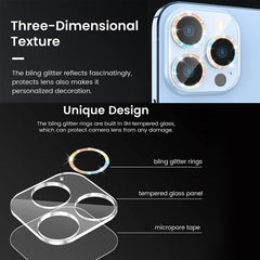 Película de lente de cámara de vidrio templado con anillo de purpurina, para iPhone 13, para iPhone 13 Pro / 13 Pro Max, para iPhone 12 mini / 11, para iPhone 12 Pro, para iPhone 11 Pro / 11 Pro Max
