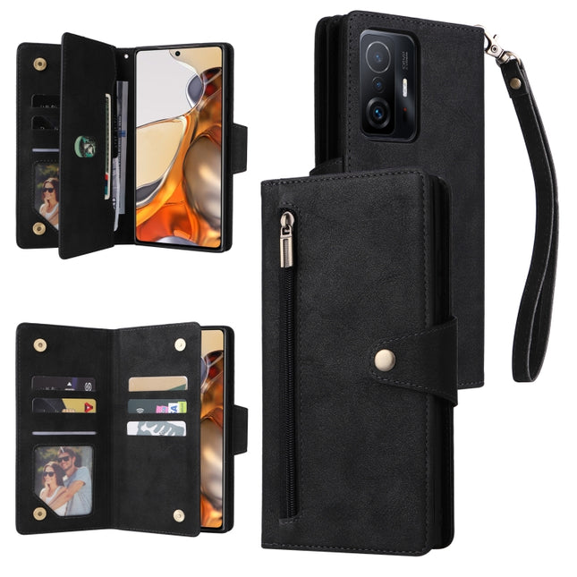 Rivet Buckle 9 Cards Three Fold Leather Phone Case, For Xiaomi 11T