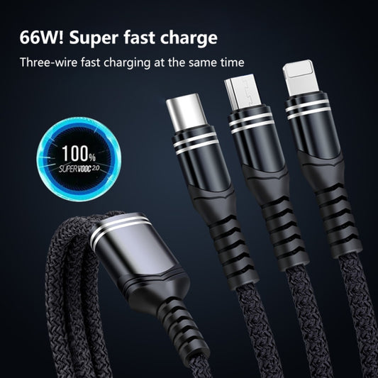 6A 66W 3 in 1 USB to 8 Pin + Micro USB + USB-C / Type-CFast Charging Braided Data Cable, USB to 8 Pin+Micro USB+Type-C