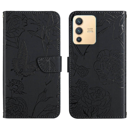 Skin Feel Butterfly Peony Embossed Leather Phone Case, For vivo V23 5G