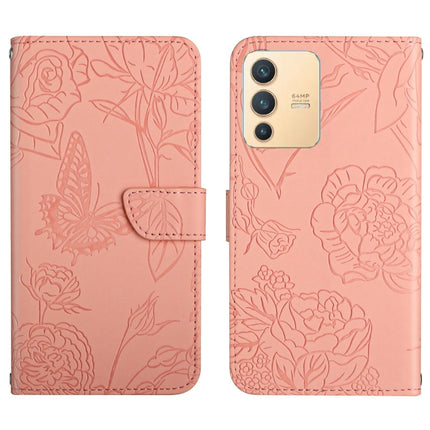 Skin Feel Butterfly Peony Embossed Leather Phone Case, For vivo V23 5G