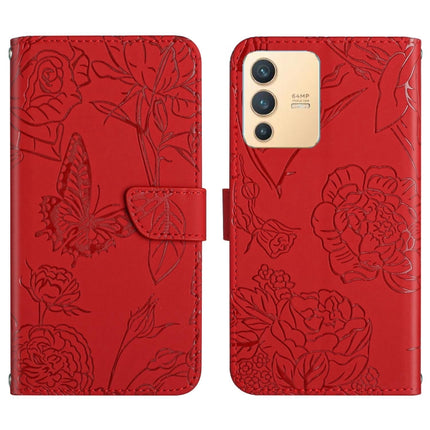 Skin Feel Butterfly Peony Embossed Leather Phone Case, For vivo V23 5G