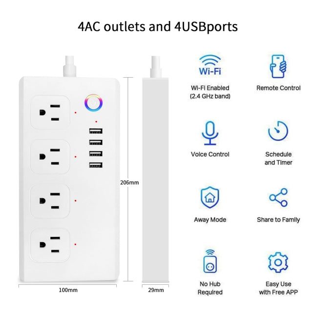 SM-SO301-U 2500W 4 Holes + 4 USB Smart Power Strip, US Plug