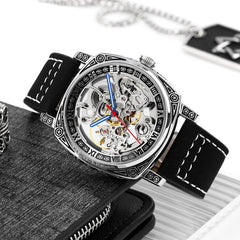 SKMEI 9271 Stainless Steel Buckle Leather Strap Waterproof Mechanical Watch
