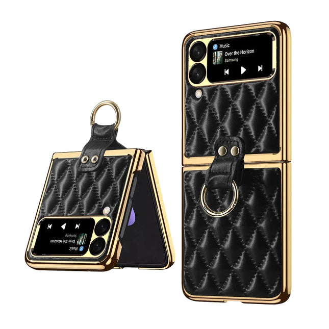 Diamond Lattice Plain Leather Ring Phone Case, For Samsung Galaxy Z Flip4