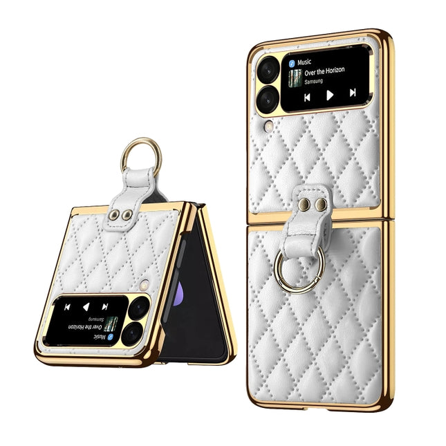 Diamond Lattice Plain Leather Ring Phone Case, For Samsung Galaxy Z Flip4