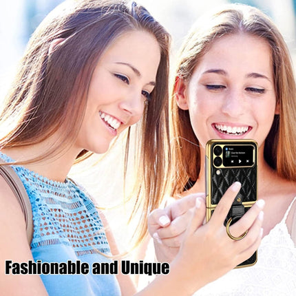 Diamond Lattice Plain Leather Ring Phone Case, For Samsung Galaxy Z Flip4