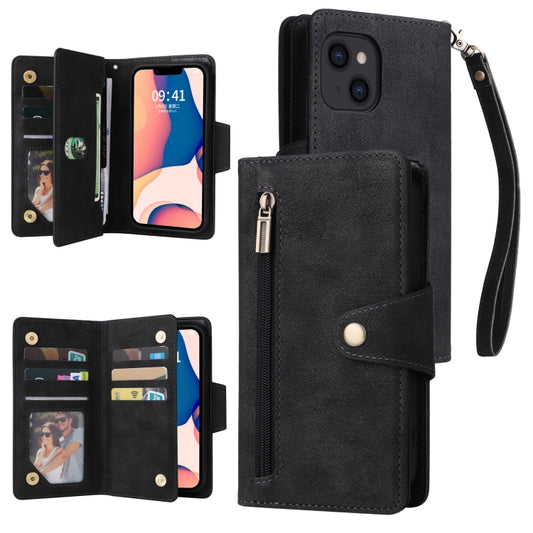 Rivet Buckle 9 Cards Three Fold Leather Phone Case, For iPhone 14, For iPhone 14 Plus, For iPhone 14 Pro, For iPhone 14 Pro Max