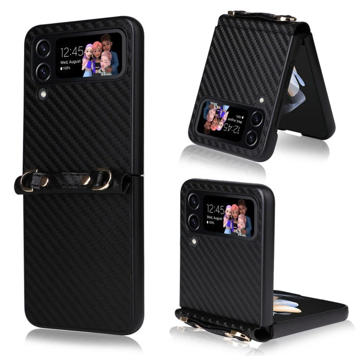 Carbon Fiber Texture Phone Case With Lanyard, For Samsung Galaxy Z Flip4