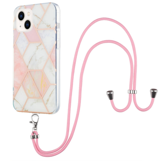 Electroplating Splicing Marble Pattern Dual-side IMD TPU Shockproof Case with Neck Lanyard, For iPhone 14, For iPhone 14 Plus, For iPhone 14 Pro, For iPhone 14 Pro Max