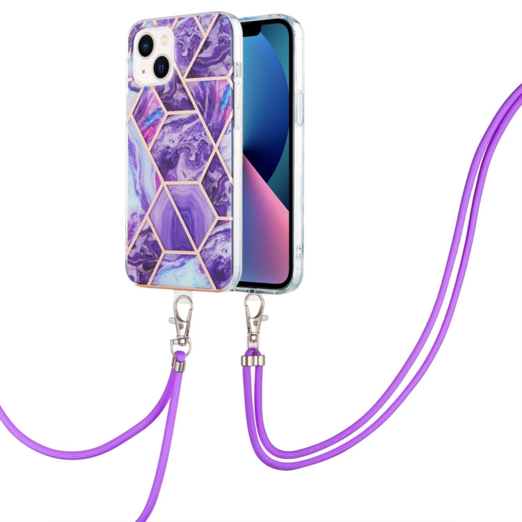 Electroplating Splicing Marble Pattern Dual-side IMD TPU Shockproof Case with Neck Lanyard, For iPhone 14, For iPhone 14 Plus, For iPhone 14 Pro, For iPhone 14 Pro Max