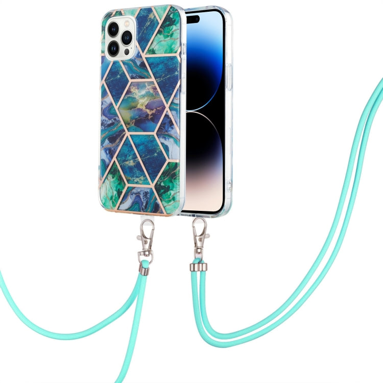 Electroplating Splicing Marble Pattern Dual-side IMD TPU Shockproof Case with Neck Lanyard, For iPhone 14, For iPhone 14 Plus, For iPhone 14 Pro, For iPhone 14 Pro Max