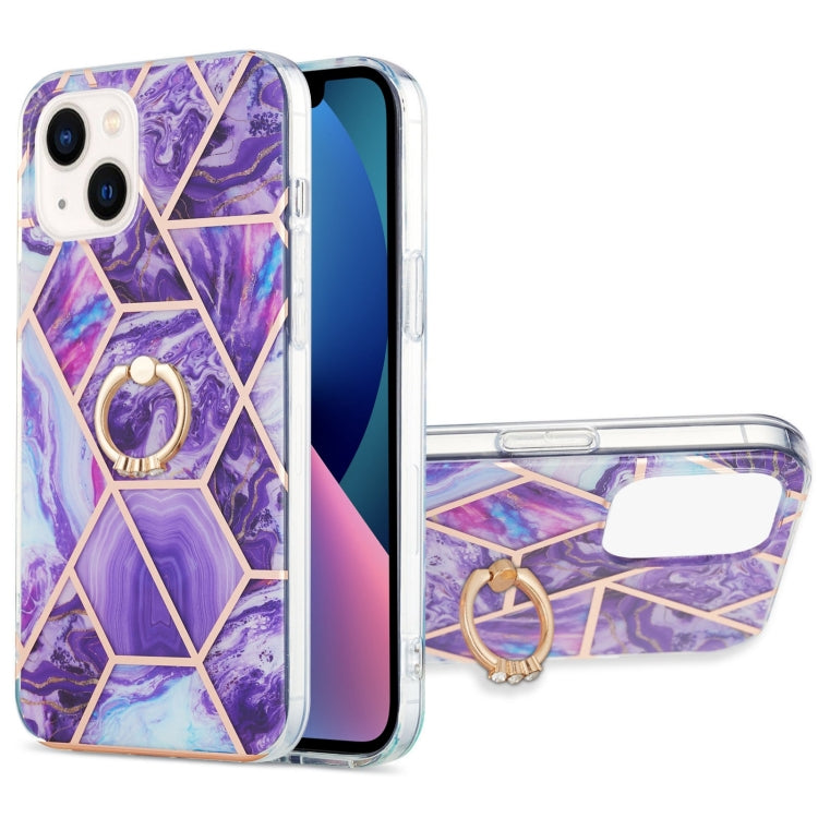 Electroplating Splicing Marble Pattern Dual-side IMD TPU Shockproof Case with Ring Holder, For iPhone 14, For iPhone 14 Plus, For iPhone 14 Pro, For iPhone 14 Pro Max