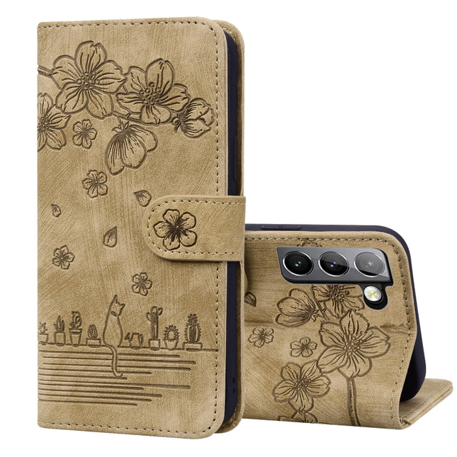 Cartoon Sakura Cat Embossed Leather Phone Case, For Samsung Galaxy S21+ 5G, For Samsung Galaxy S21 Ultra 5G, For Samsung Galaxy S20 FE 5G / S20 FE, For Samsung Galaxy A12
