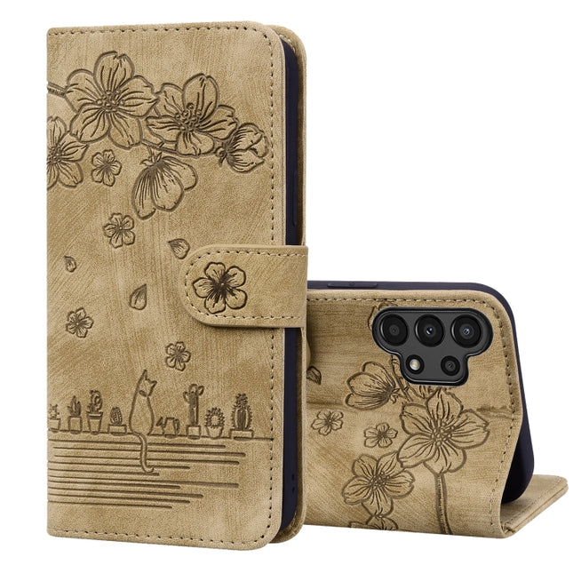 Cartoon Sakura Cat Embossed Leather Phone Case, For Samsung Galaxy A13 4G / 5G, For Samsung Galaxy A20 / A30, For Samsung Galaxy A22 4G, For Samsung Galaxy A22 5G / A22s 5G
