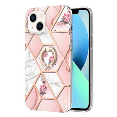 Electroplating Splicing Marble Flower Pattern TPU Shockproof Case with Rhinestone Ring Holder, For iPhone 14, For iPhone 14 Plus, For iPhone 14 Pro, For iPhone 14 Pro Max