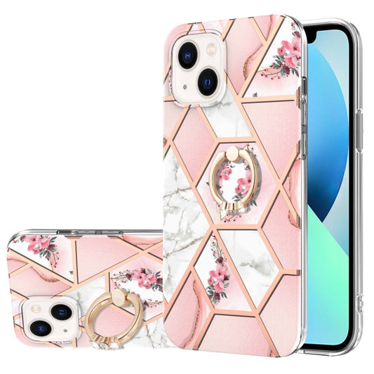 Electroplating Splicing Marble Flower Pattern TPU Shockproof Case with Rhinestone Ring Holder, For iPhone 14, For iPhone 14 Plus, For iPhone 14 Pro, For iPhone 14 Pro Max