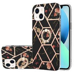 Electroplating Splicing Marble Flower Pattern TPU Shockproof Case with Rhinestone Ring Holder, For iPhone 14, For iPhone 14 Plus, For iPhone 14 Pro, For iPhone 14 Pro Max