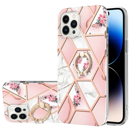 Electroplating Splicing Marble Flower Pattern TPU Shockproof Case with Rhinestone Ring Holder, For iPhone 14, For iPhone 14 Plus, For iPhone 14 Pro, For iPhone 14 Pro Max
