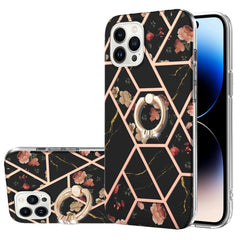 Electroplating Splicing Marble Flower Pattern TPU Shockproof Case with Rhinestone Ring Holder, For iPhone 14, For iPhone 14 Plus, For iPhone 14 Pro, For iPhone 14 Pro Max