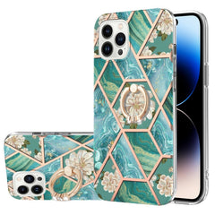 Electroplating Splicing Marble Flower Pattern TPU Shockproof Case with Rhinestone Ring Holder, For iPhone 14, For iPhone 14 Plus, For iPhone 14 Pro, For iPhone 14 Pro Max