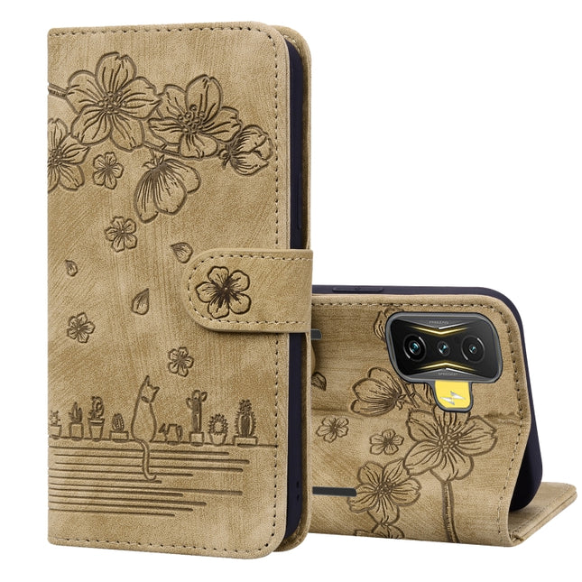 Cartoon Sakura Cat Embossed Leather Phone Case, For Xiaomi Poco F4 GT, For Xiaomi Poco M3 / Redmi 9T Global, For Xiaomi Poco X3 / X3 NFC, For Xiaomi Redmi K40 / K40 Pro