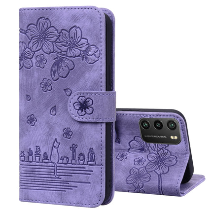 Cartoon Sakura Cat Embossed Leather Phone Case, For Xiaomi Poco F4 GT, For Xiaomi Poco M3 / Redmi 9T Global, For Xiaomi Poco X3 / X3 NFC, For Xiaomi Redmi K40 / K40 Pro