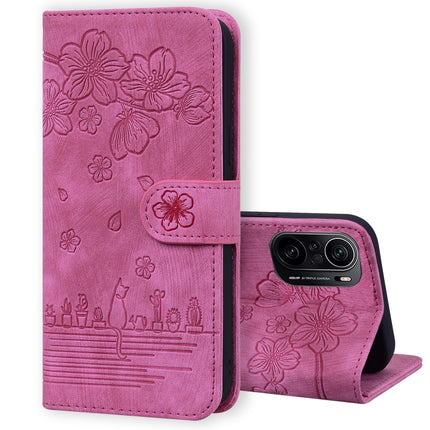 Cartoon Sakura Cat Embossed Leather Phone Case, For Xiaomi Poco F4 GT, For Xiaomi Poco M3 / Redmi 9T Global, For Xiaomi Poco X3 / X3 NFC, For Xiaomi Redmi K40 / K40 Pro