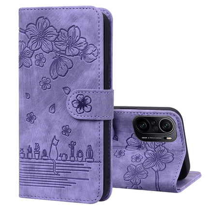 Cartoon Sakura Cat Embossed Leather Phone Case, For Xiaomi Poco F4 GT, For Xiaomi Poco M3 / Redmi 9T Global, For Xiaomi Poco X3 / X3 NFC, For Xiaomi Redmi K40 / K40 Pro