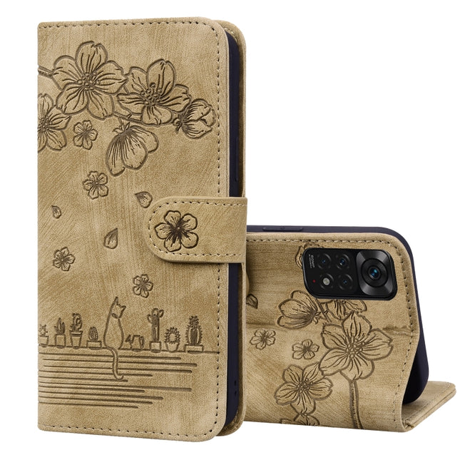 Cartoon Sakura Cat Embossed Leather Phone Case, For Xiaomi Redmi Note 11 Pro 4G / 5G, For Xiaomi Poco M4 Pro 4G Global, For Xiaomi Poco M4 Pro 5G Global, For Xiaomi Mi 11 Lite 4G / 5G